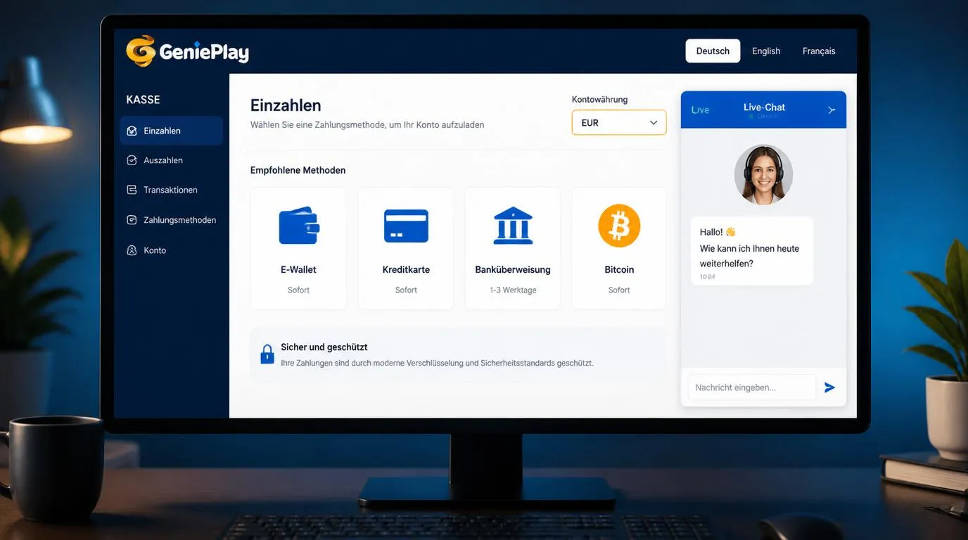 Deutsche Casino-Kasse mit Euro-Auswahl, E-Wallets, Karten und aktivem Live-Chat