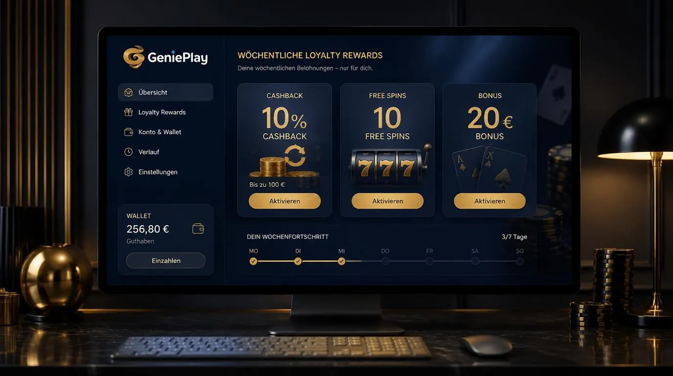 Casino-Dashboard mit wöchentlichem Cashback, Freispielen und Bonusprämien