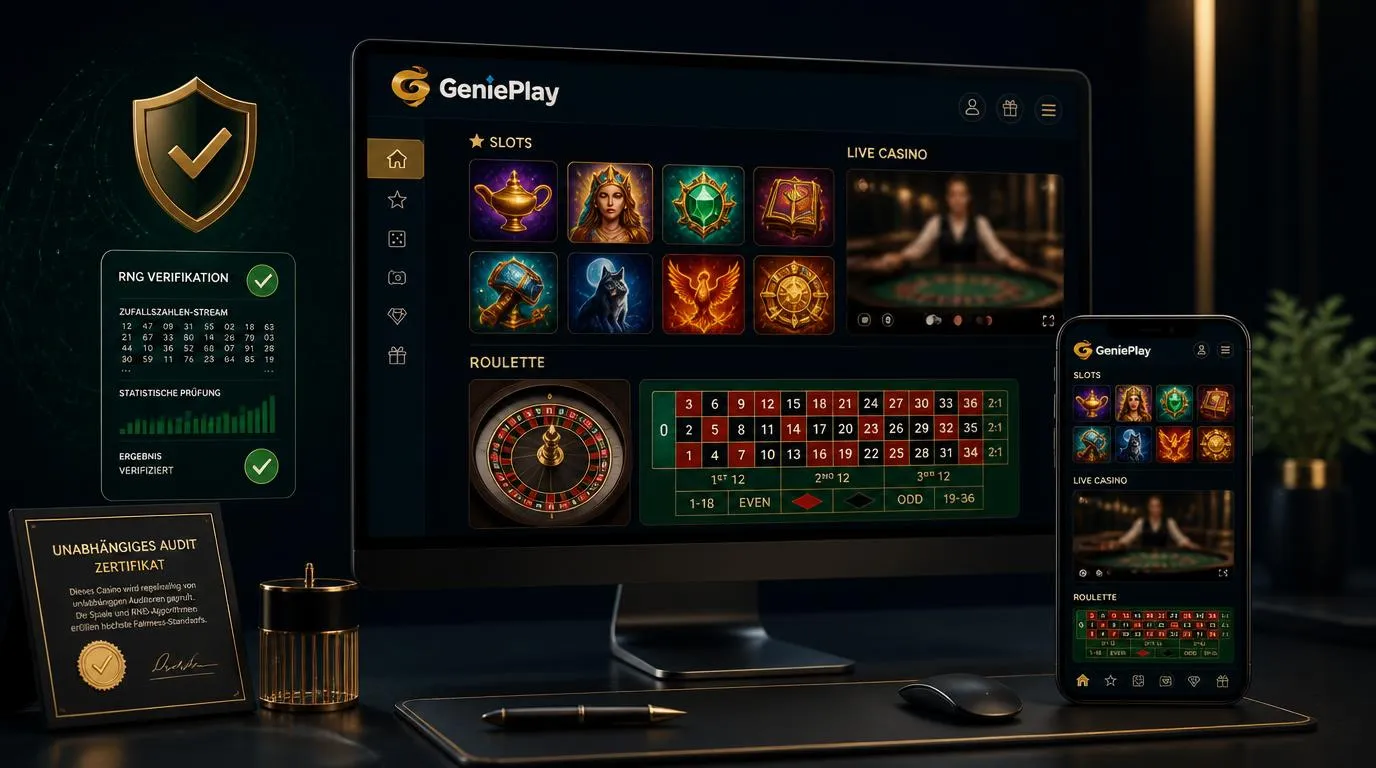 Geprüfte Casino-Software mit RNG-Anzeige, Spielautomaten und Sicherheitsprüfung auf einem Bildschirm