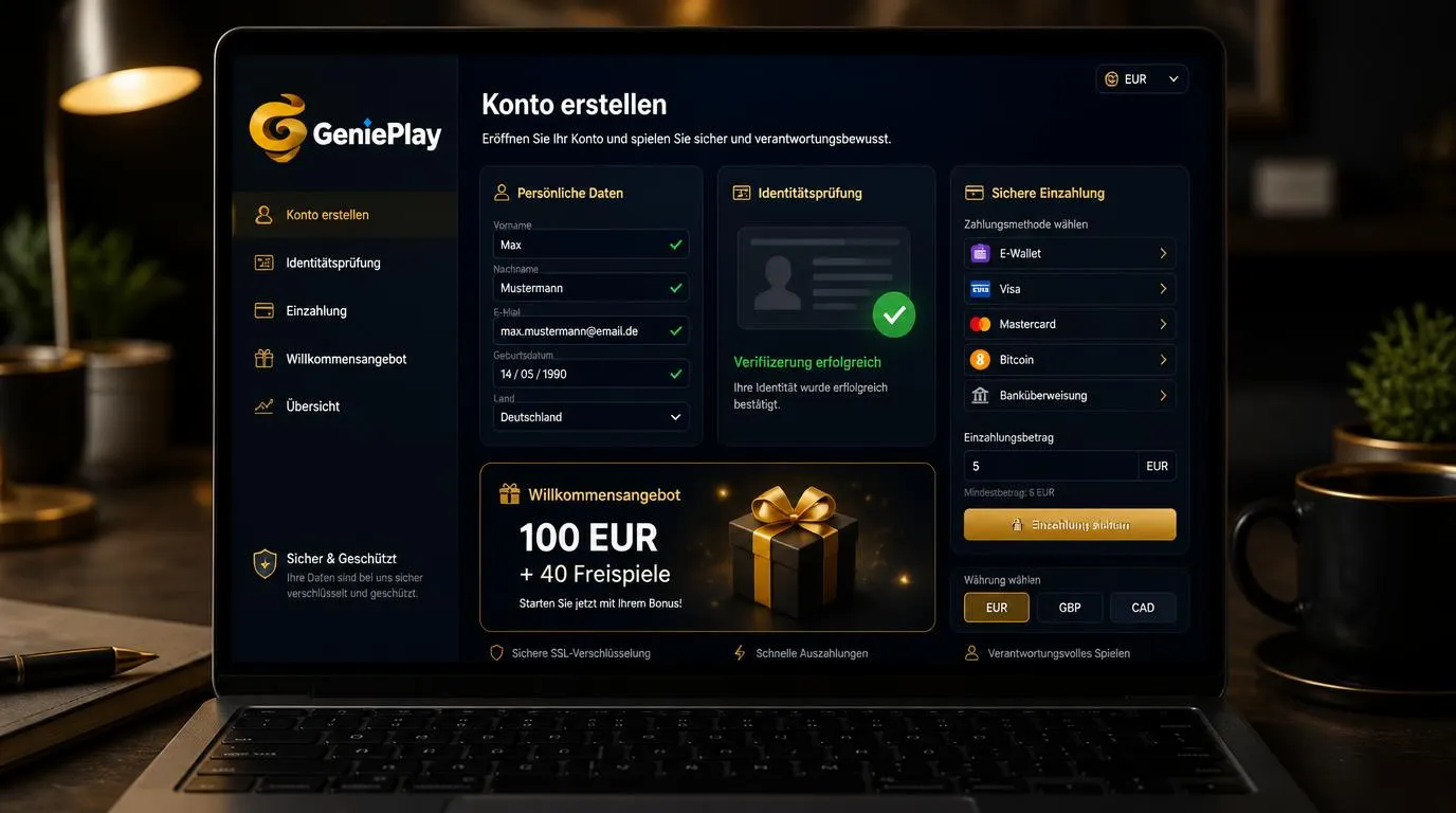 Casino-Konto mit Identitätsprüfung, Einzahlungsmethoden und Willkommensbonus auf einem Laptop